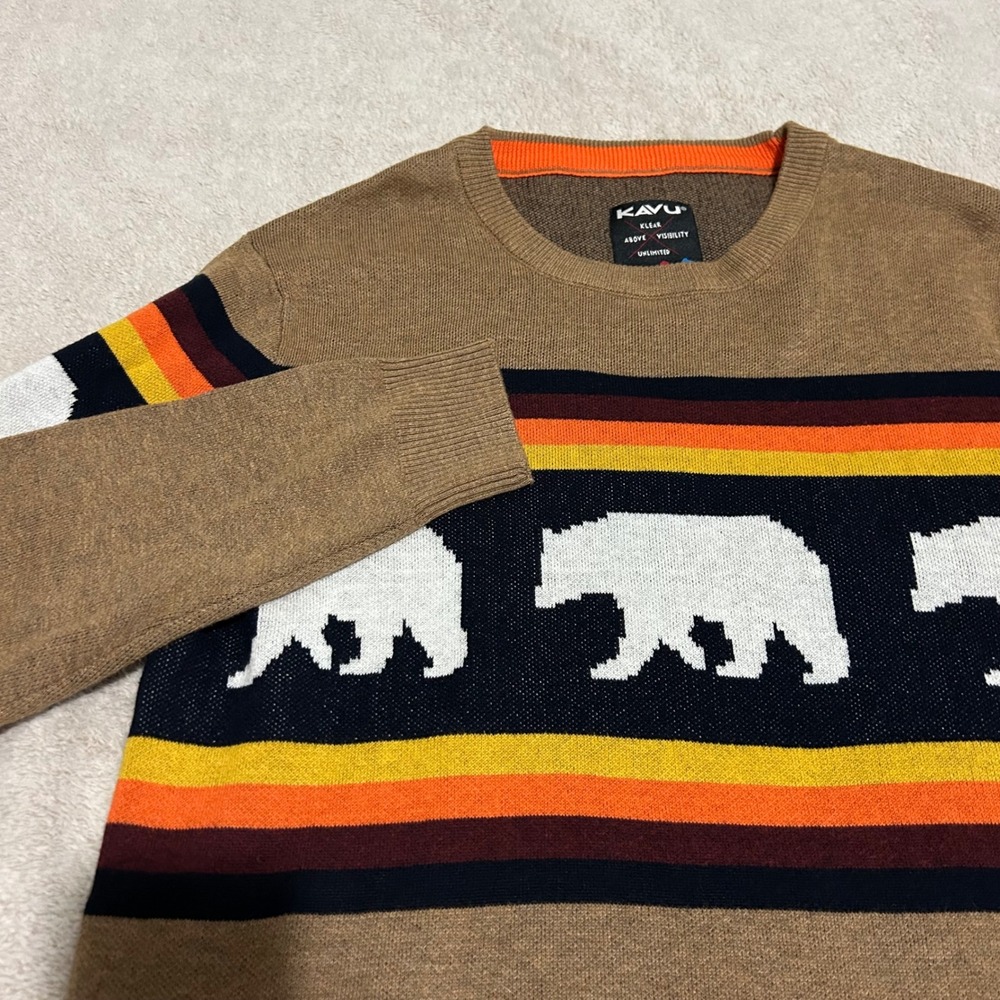 KAVU Sweater Mens‎ M Brown Bear Graphic Striped Crewneck Knit Pullover Outdoor